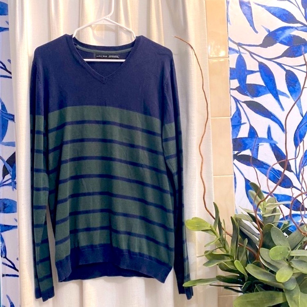 Men’s Zara Man 100% Cotton Blue & Green Long Sleeve Sweater Size Large